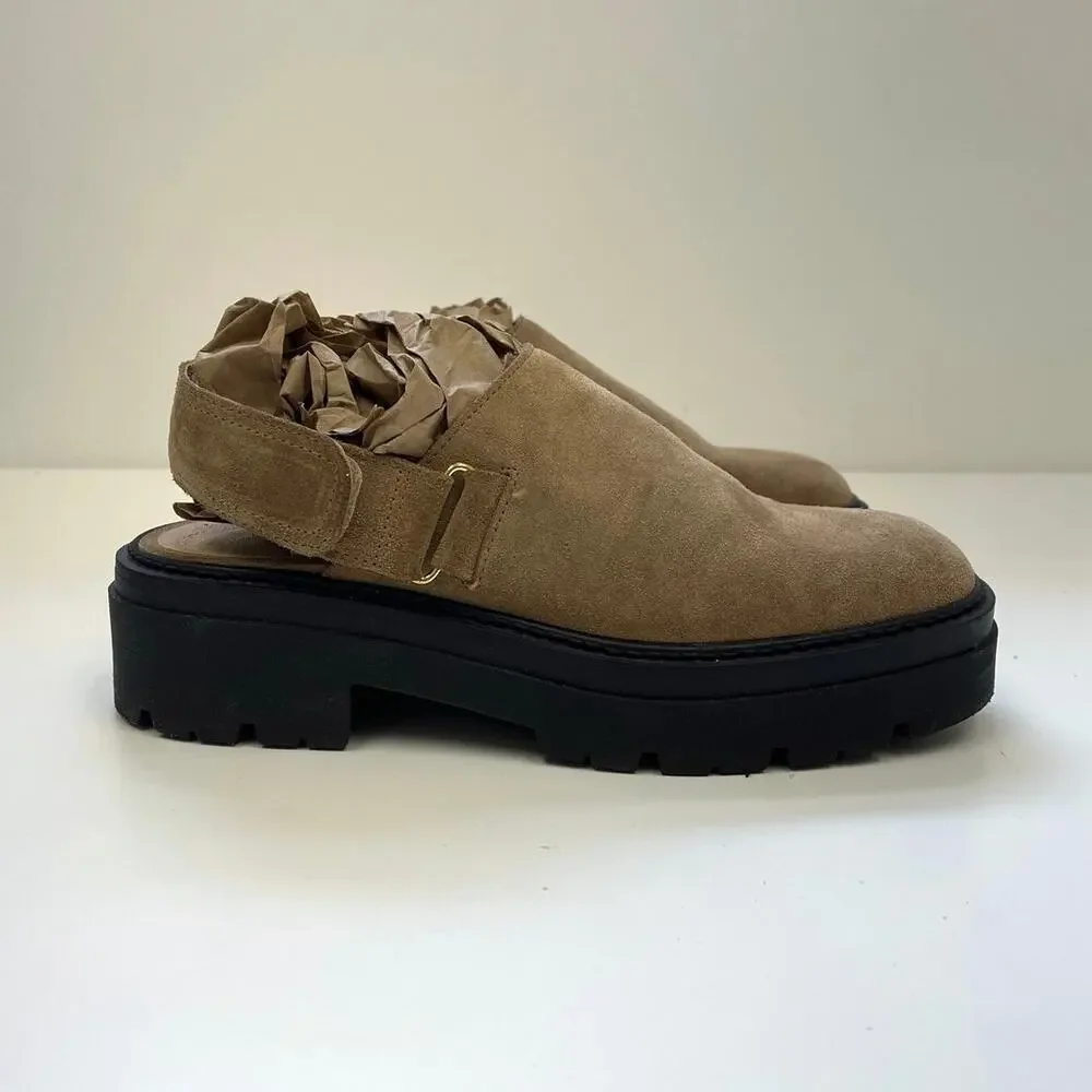 Free People Milo Menswear Slingback Chunky Lug Sole Suede Mules Taupe - 37/US7